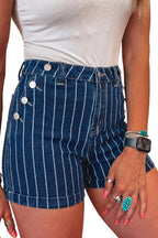 Striped Metal-Button Denim Shorts