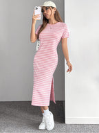 Woman wearing the Modarine striped short-sleeve midi t-shirt dress