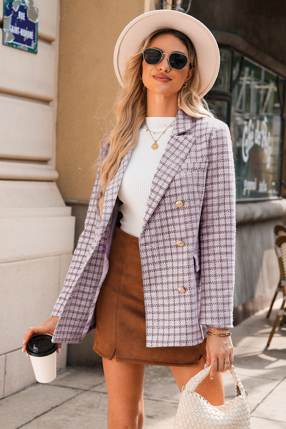 Tweed Plaid Lapel-Collar Blazer