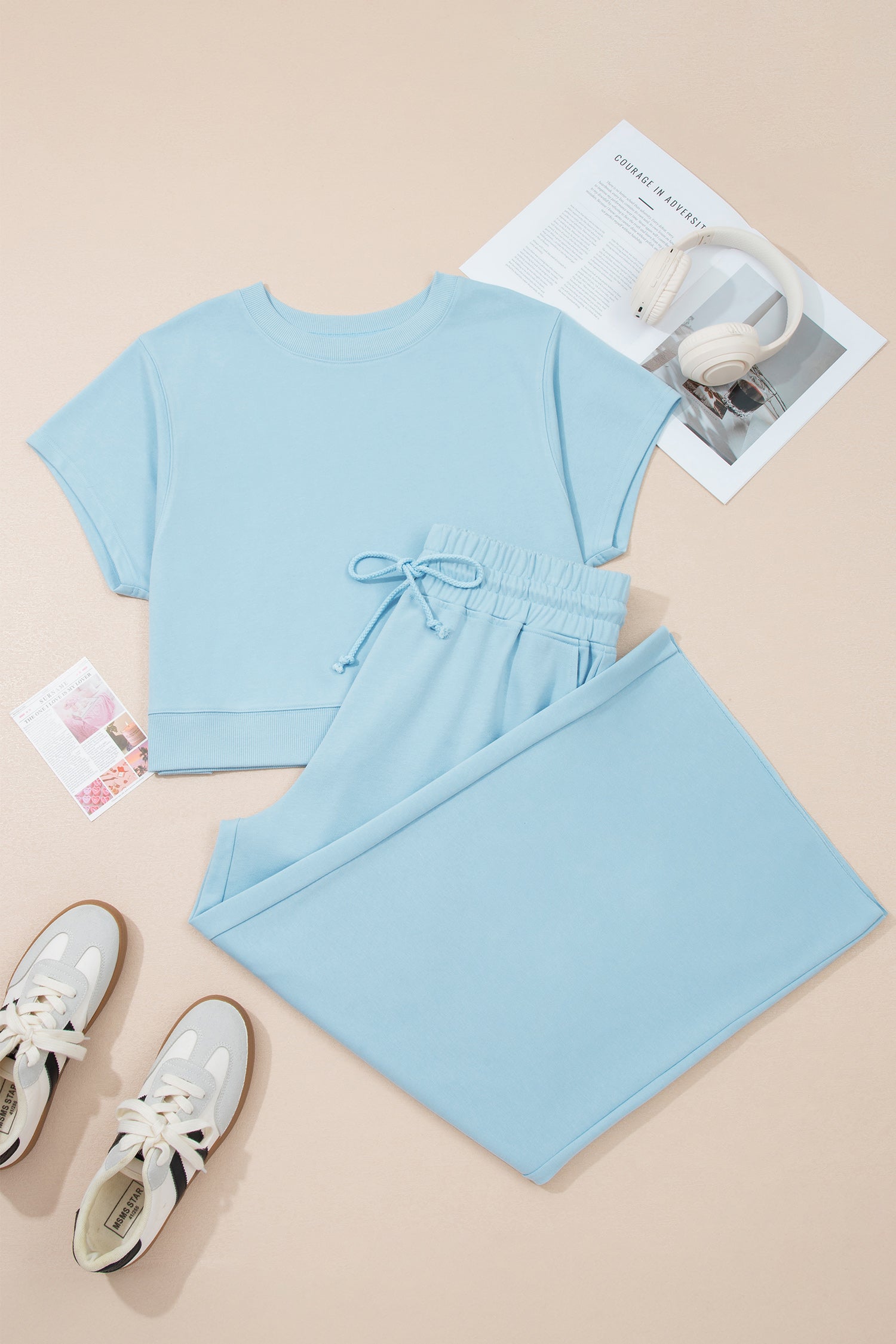 Ribbed-Trim Tee and Drawstring Pants Set
