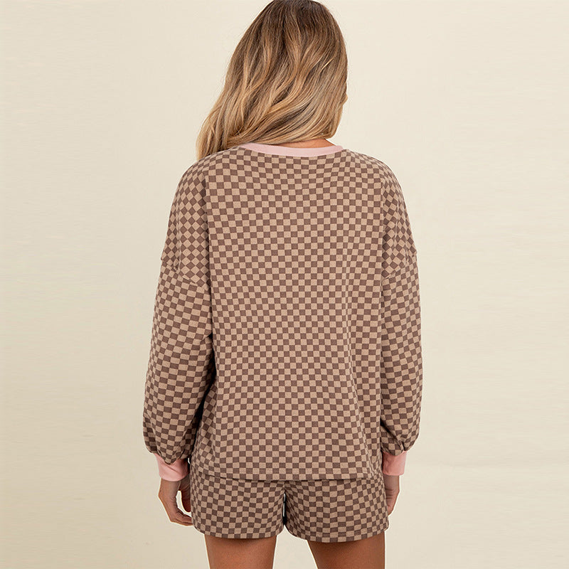 Plaid Long-Sleeve Top and Shorts Two-Piece Set