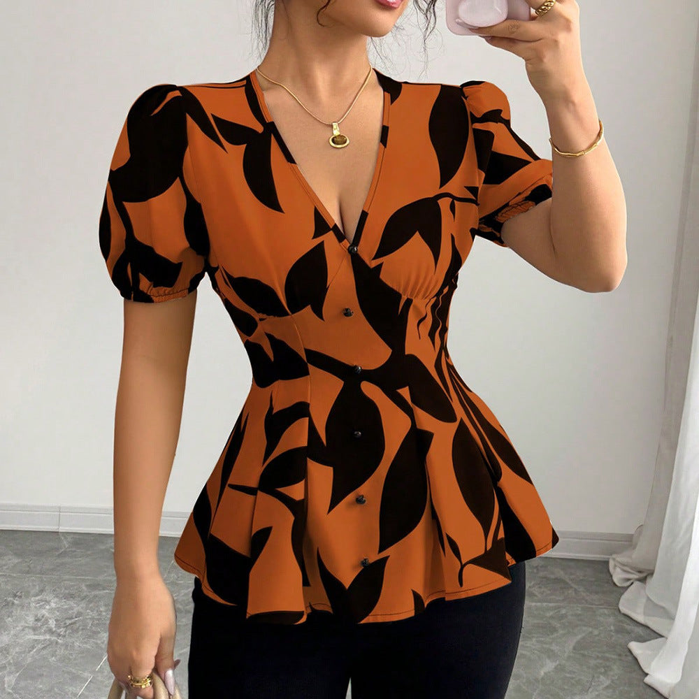 Abstract Print Puff-Sleeve Peplum Blouse
