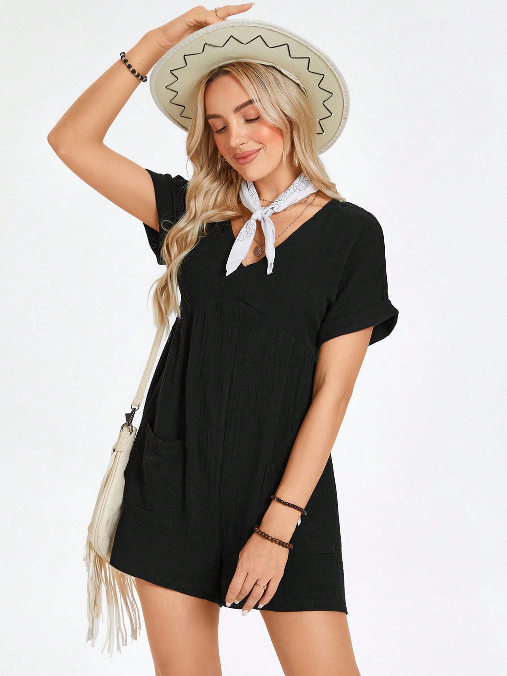 Batwing-Sleeve Cotton Pocket Romper