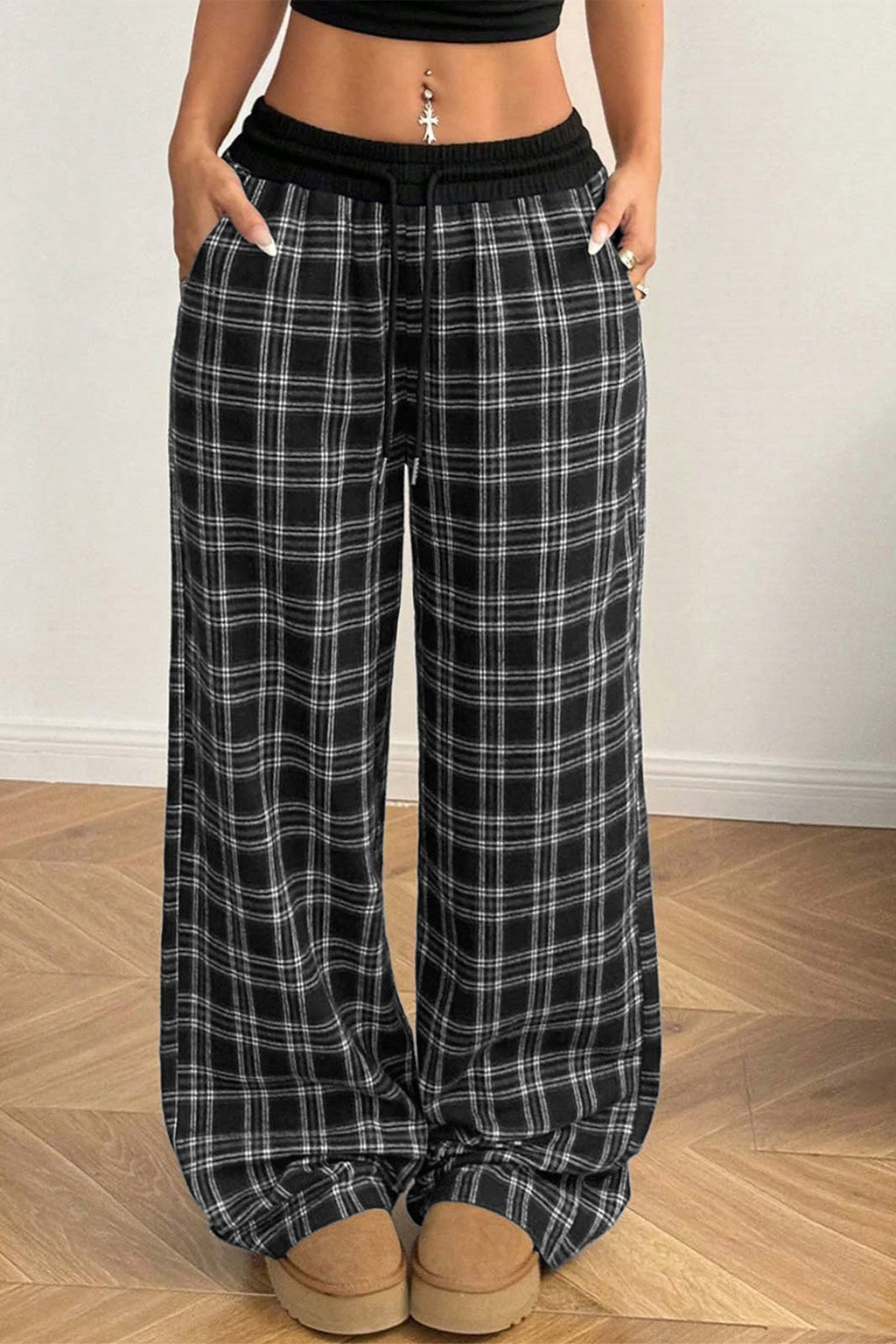 Plaid Contrast Drawstring Wide-Leg Pants