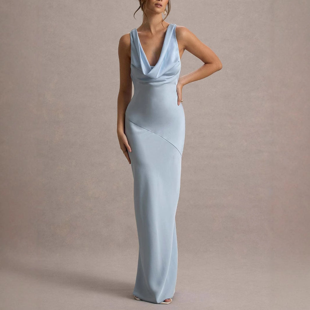 Satin Cowl-Neck Open-Back Fishtail Gown