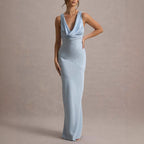 Satin Cowl-Neck Open-Back Fishtail Gown