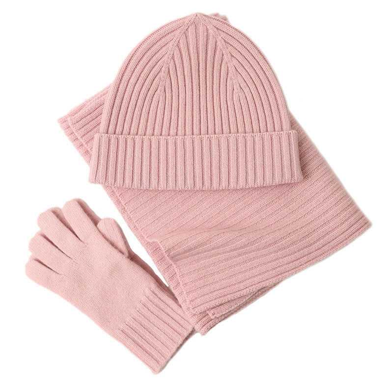 Ribbed Wool Beanie, Scarf and Gloves Set