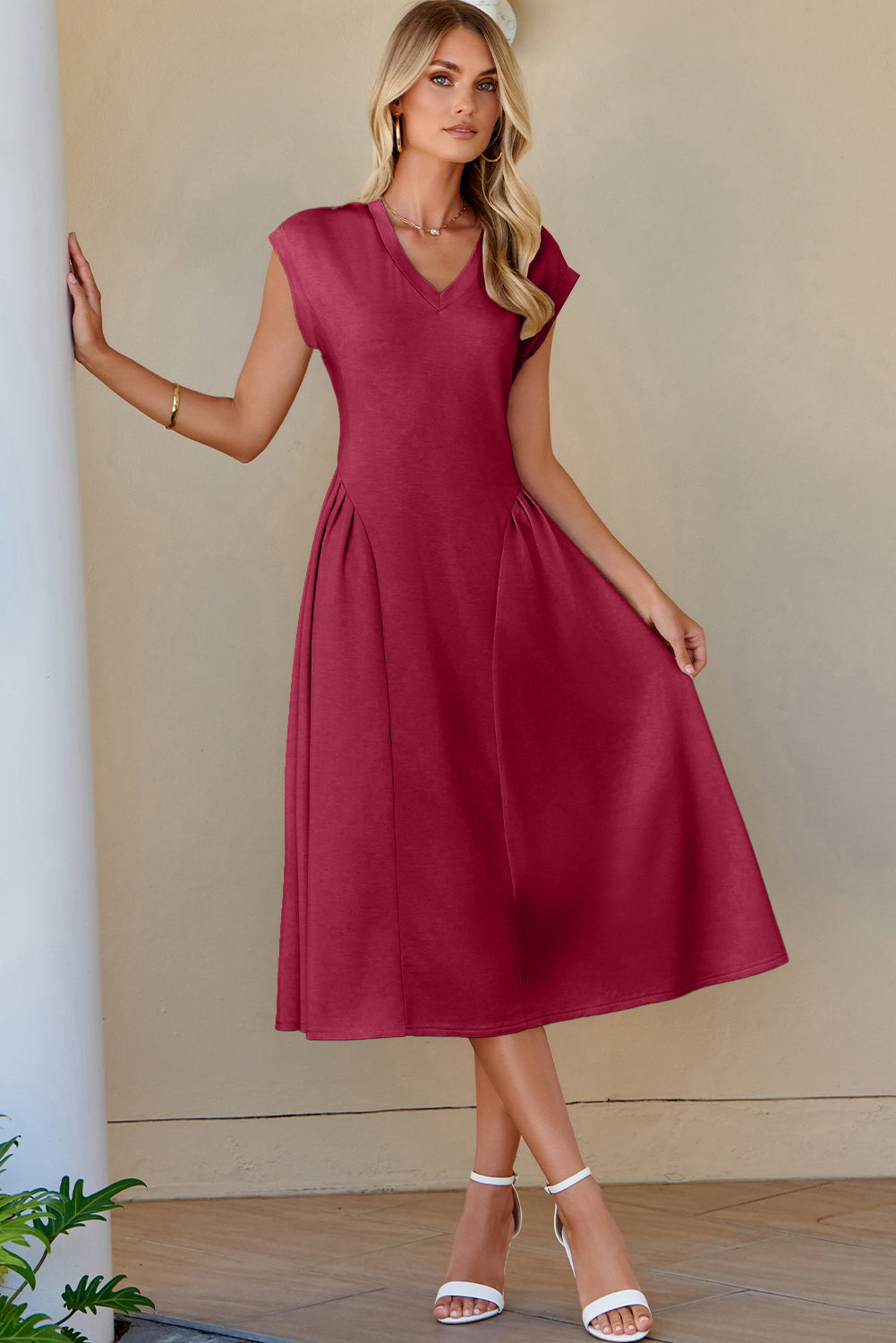 V-Neck Pleated Flared Midi Dress