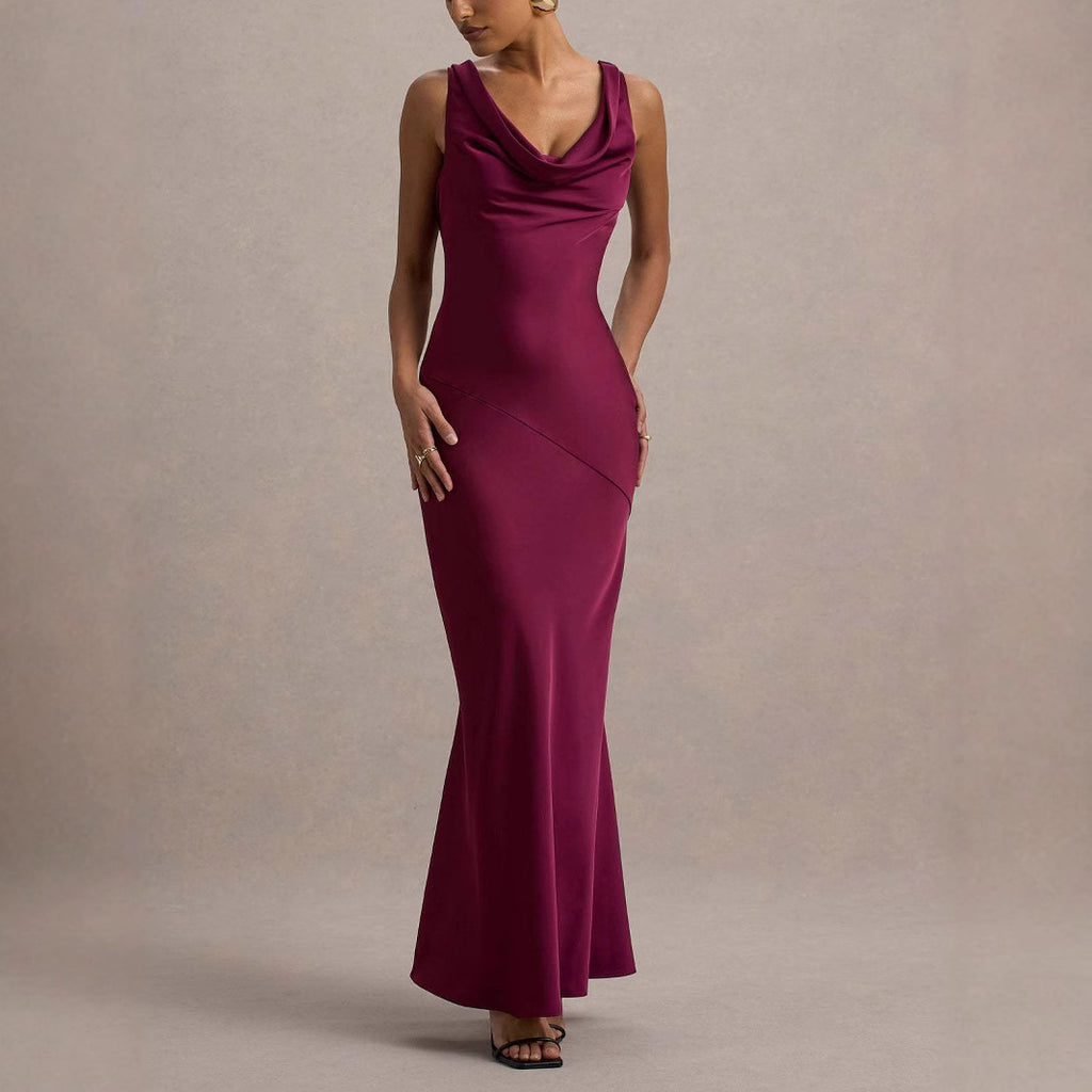 Satin Cowl-Neck Open-Back Fishtail Gown