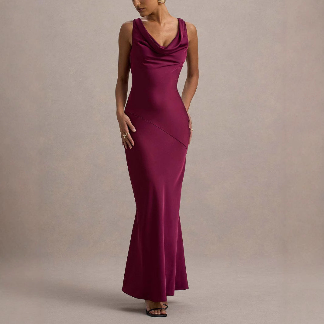 Satin Cowl-Neck Open-Back Fishtail Gown