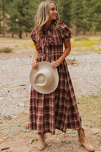 Plaid Knot-Front Smocked Midi Dress