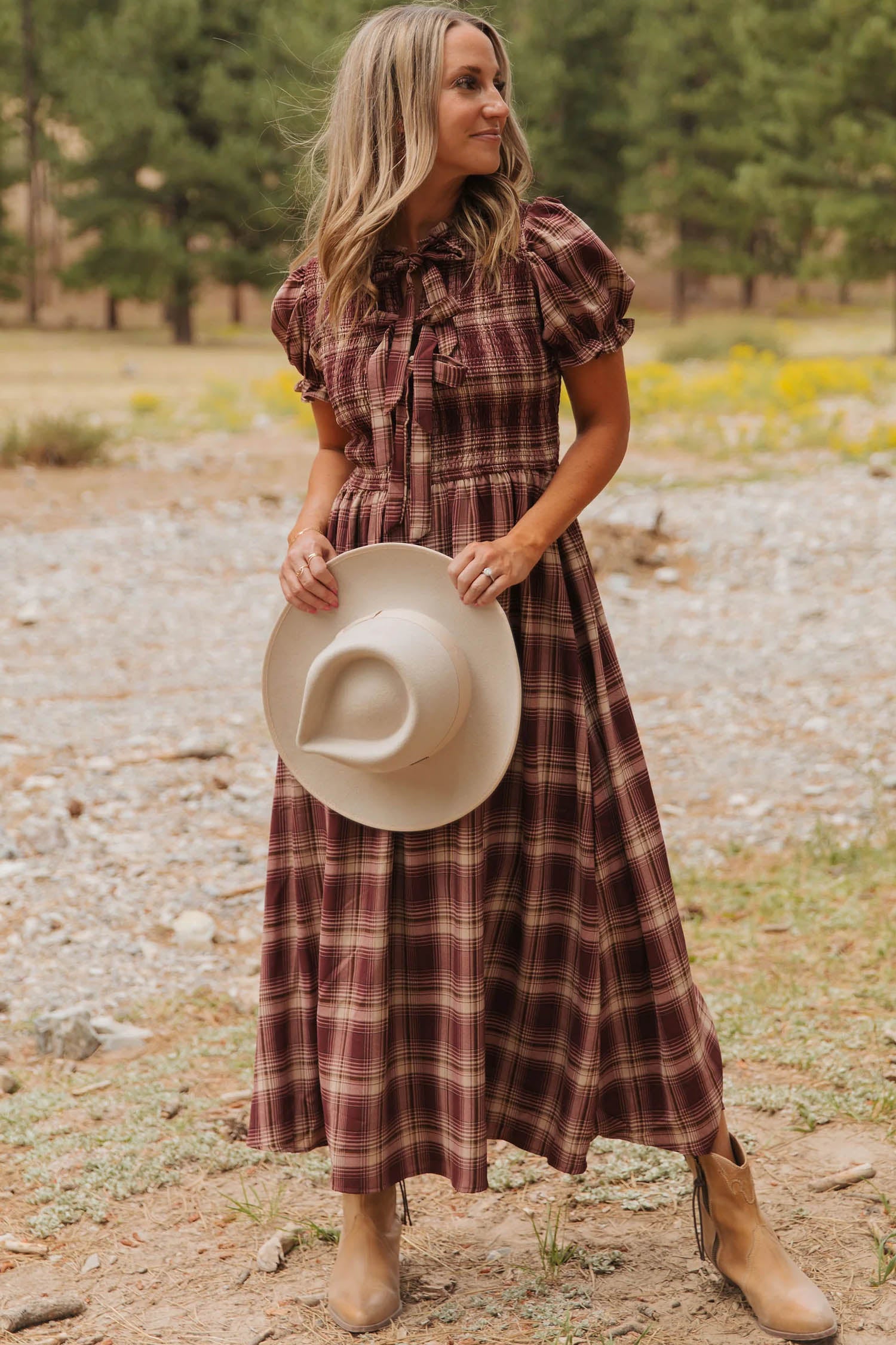 Plaid Knot-Front Smocked Midi Dress