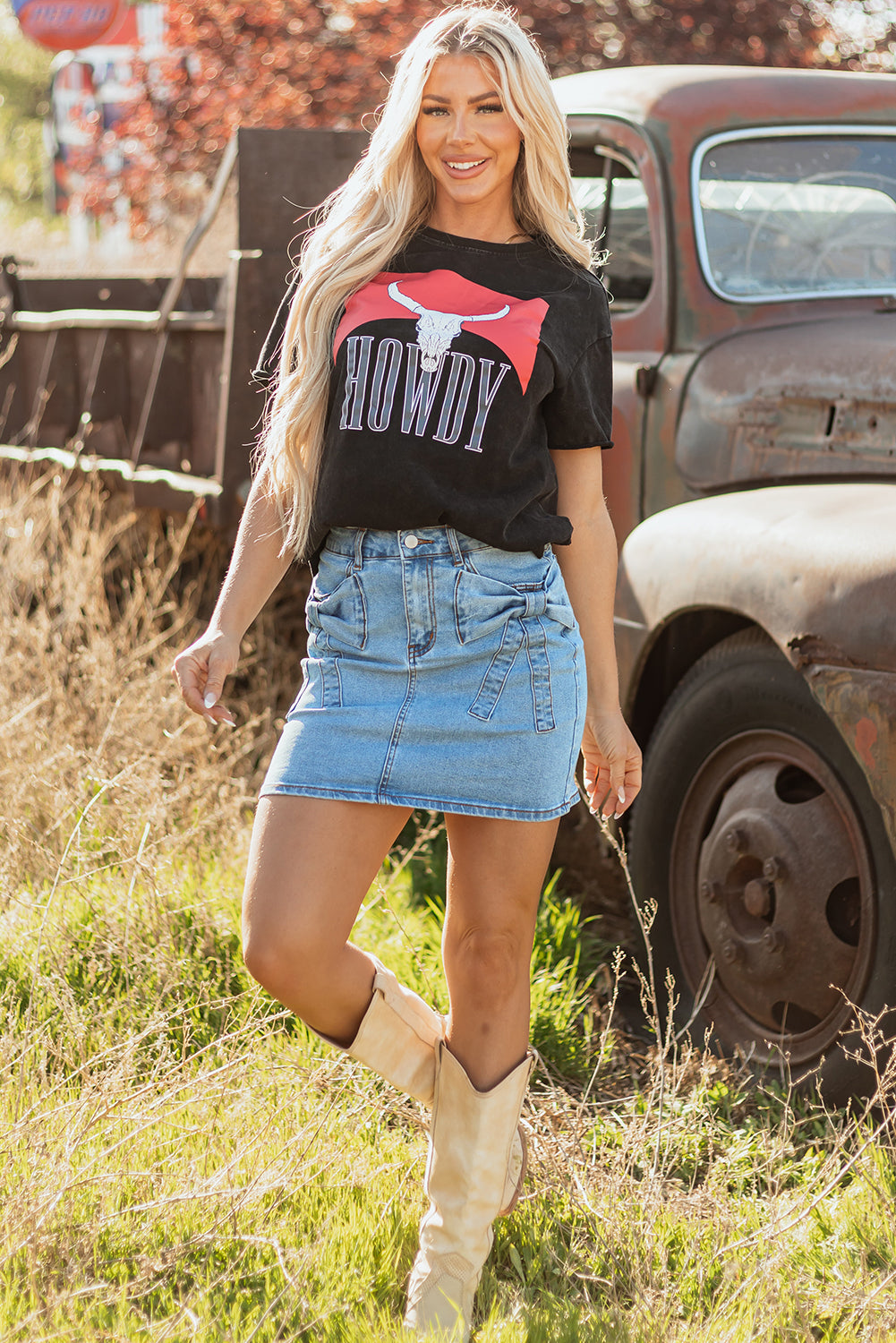 Acid Wash Bow-Detail Denim Mini Skirt