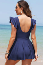 Ruffled Lace-Trim V-Neck One-Piece Swim Dress