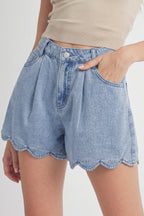 Scalloped-Hem Denim Shorts