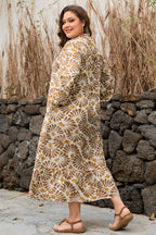 Abstract Plant Print Long-Sleeve Maxi Dress