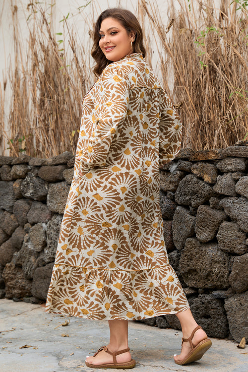 Abstract Plant Print Long-Sleeve Maxi Dress