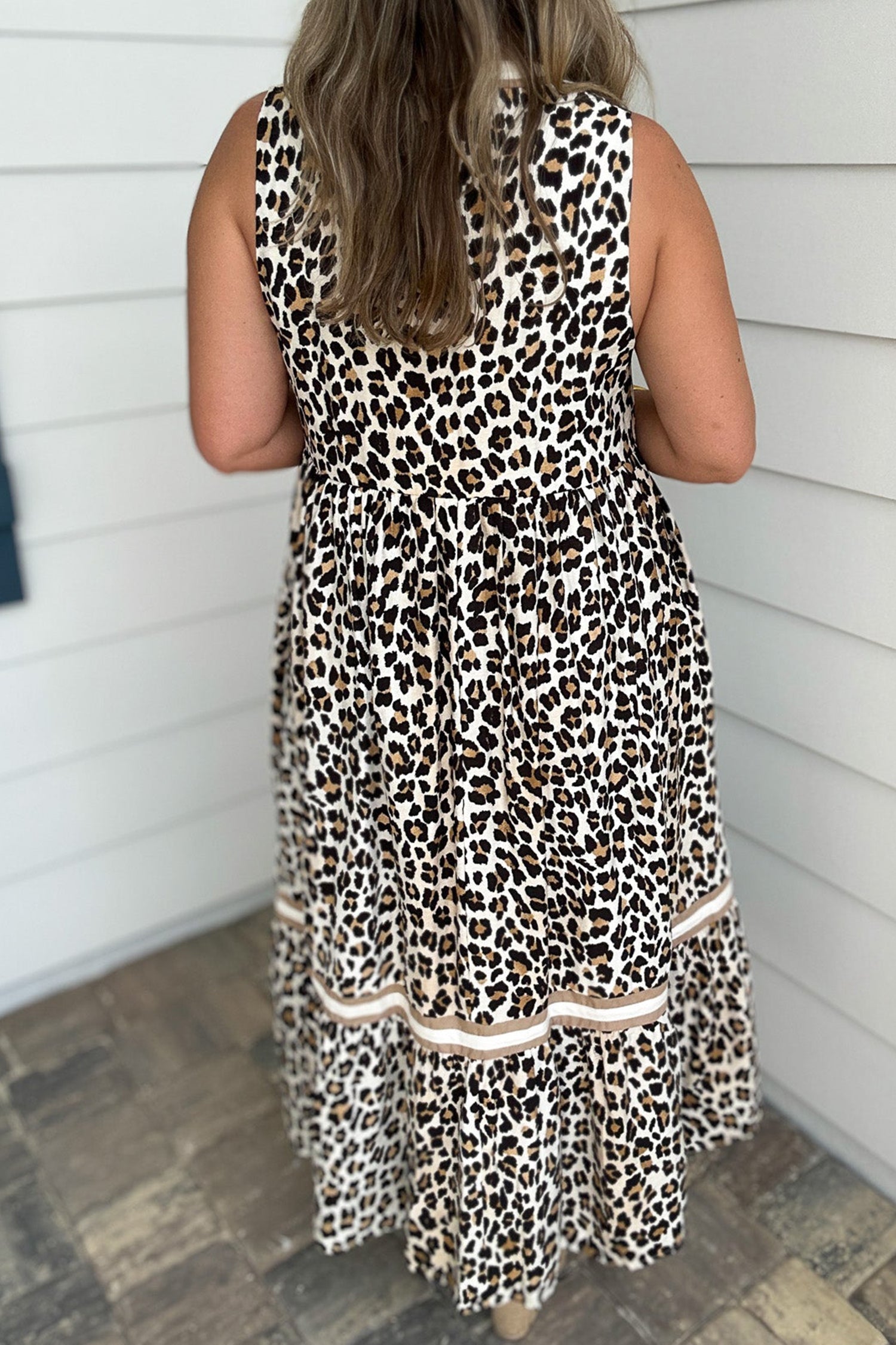 Leopard Print Colorblock Trim Sleeveless Midi Dress