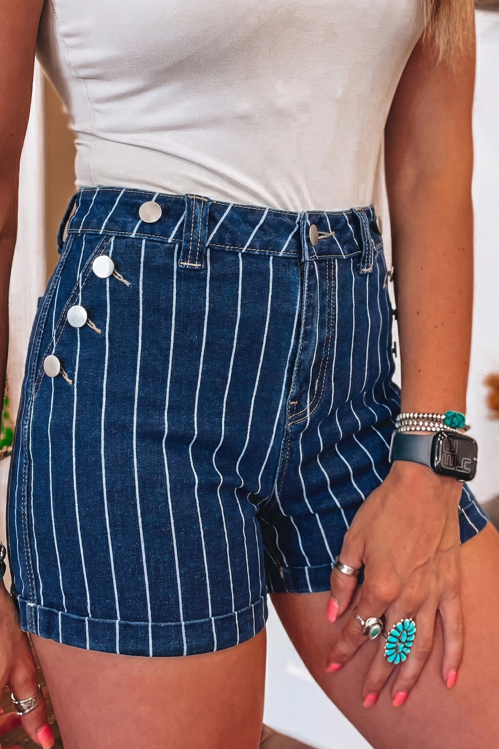 Striped Metal-Button Denim Shorts