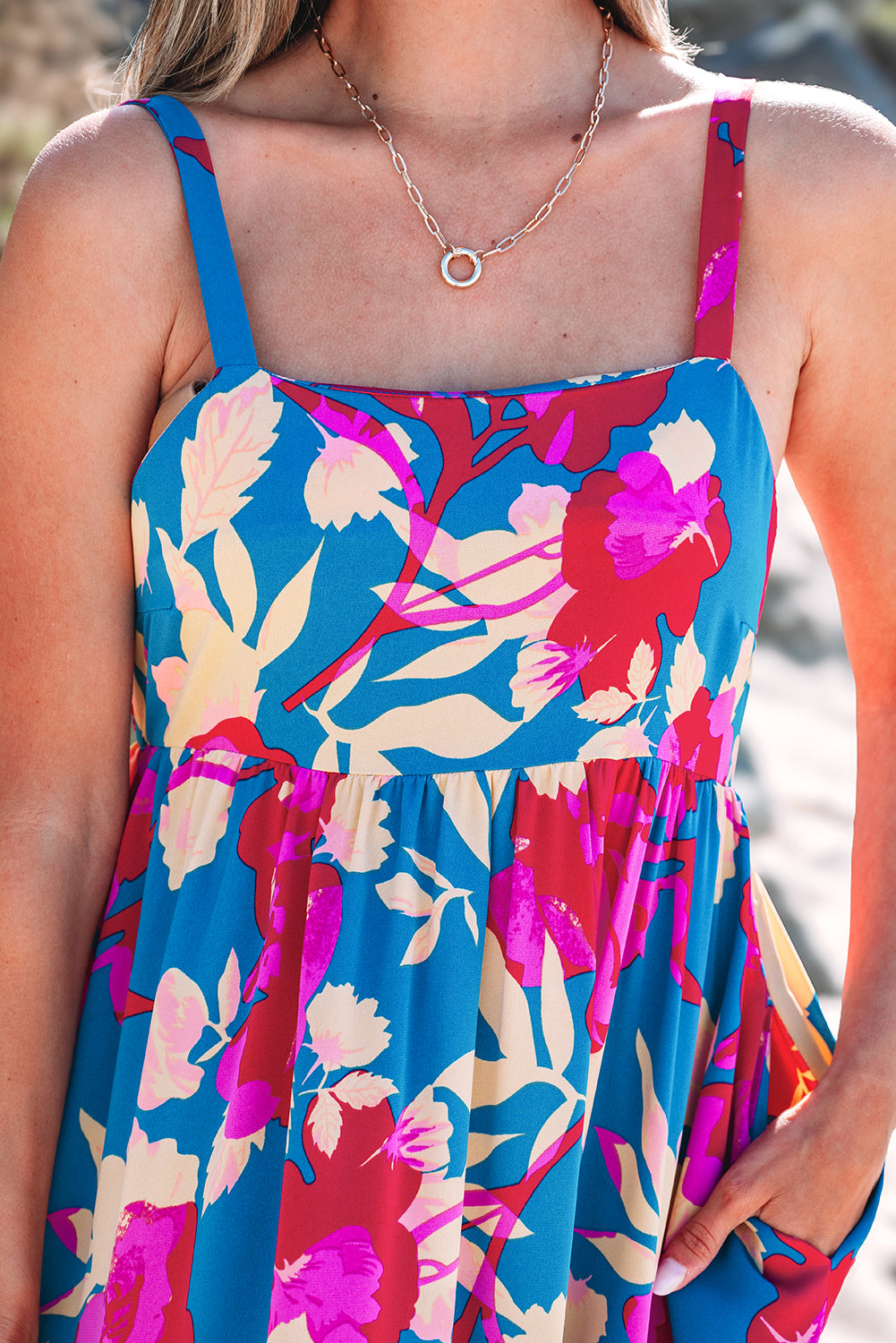 Blue Floral Sleeveless Flared Midi Dress