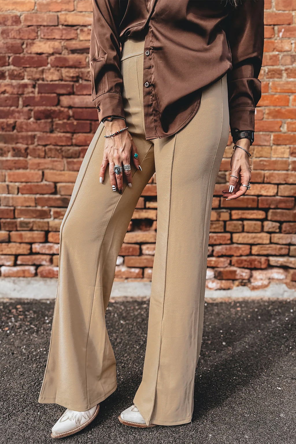 Paneled High-Waist Full-Length Pants