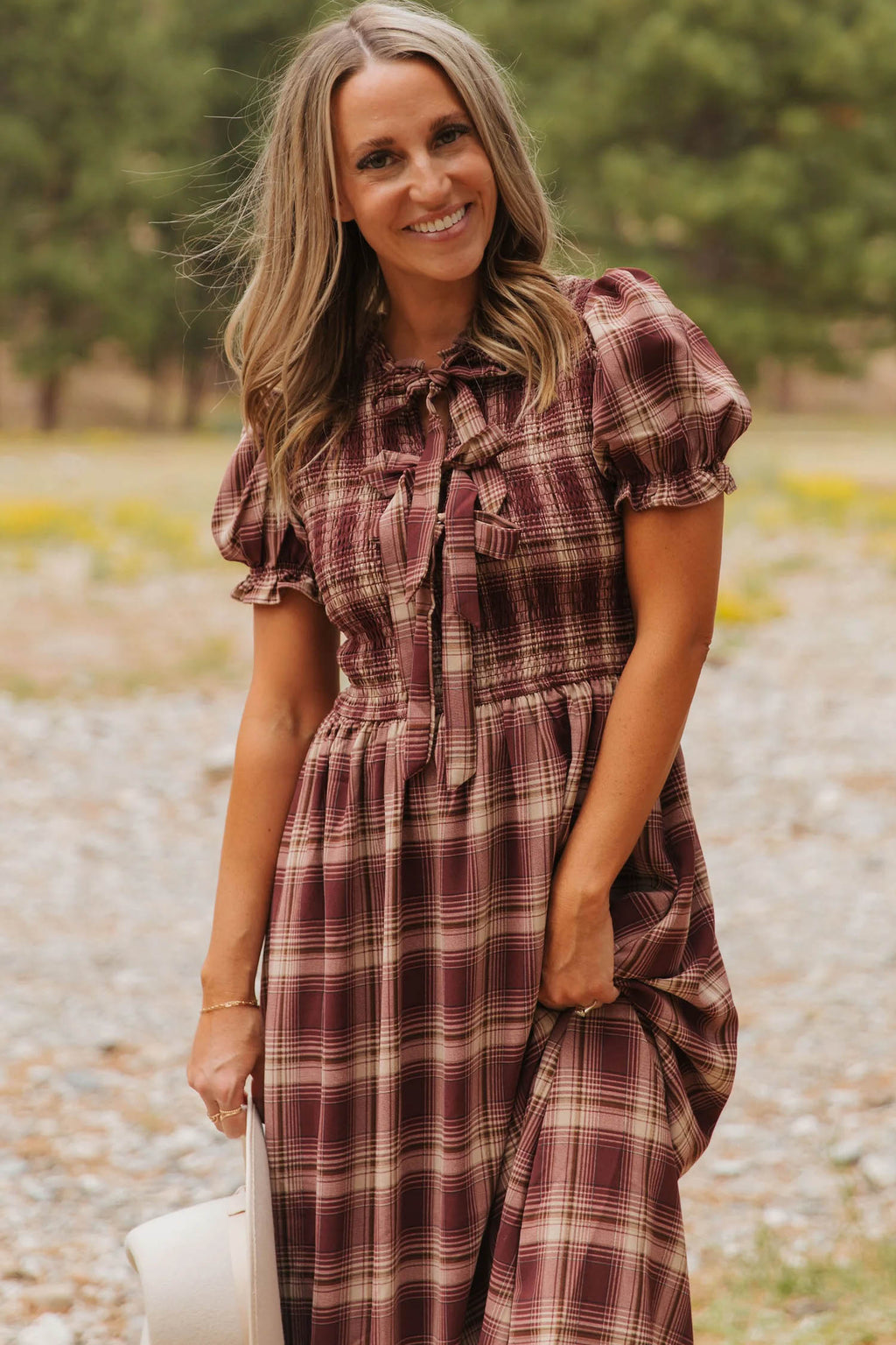 Plaid Knot-Front Smocked Midi Dress