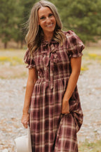 Plaid Knot-Front Smocked Midi Dress