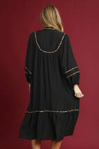 Leopard-Trim Split-Neck Long-Sleeve Midi Dress