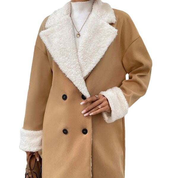 Plush-Trim Double-Breasted Longline Coat