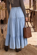 Tiered Ruffle Flared Denim Maxi Skirt