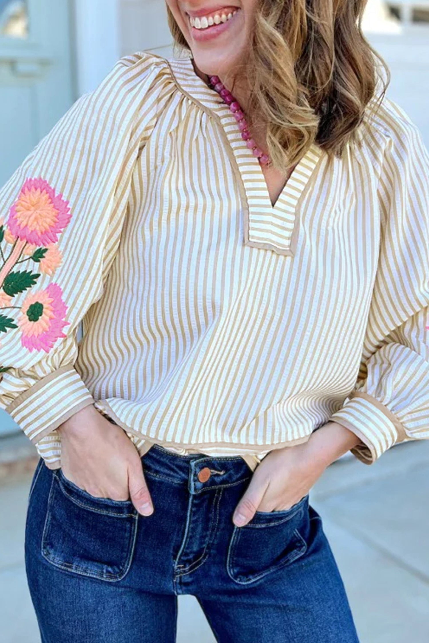Striped Floral Embroidered V-Neck Blouse