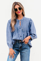 Blue Denim Pintuck Bow Tie Puff Sleeve Top