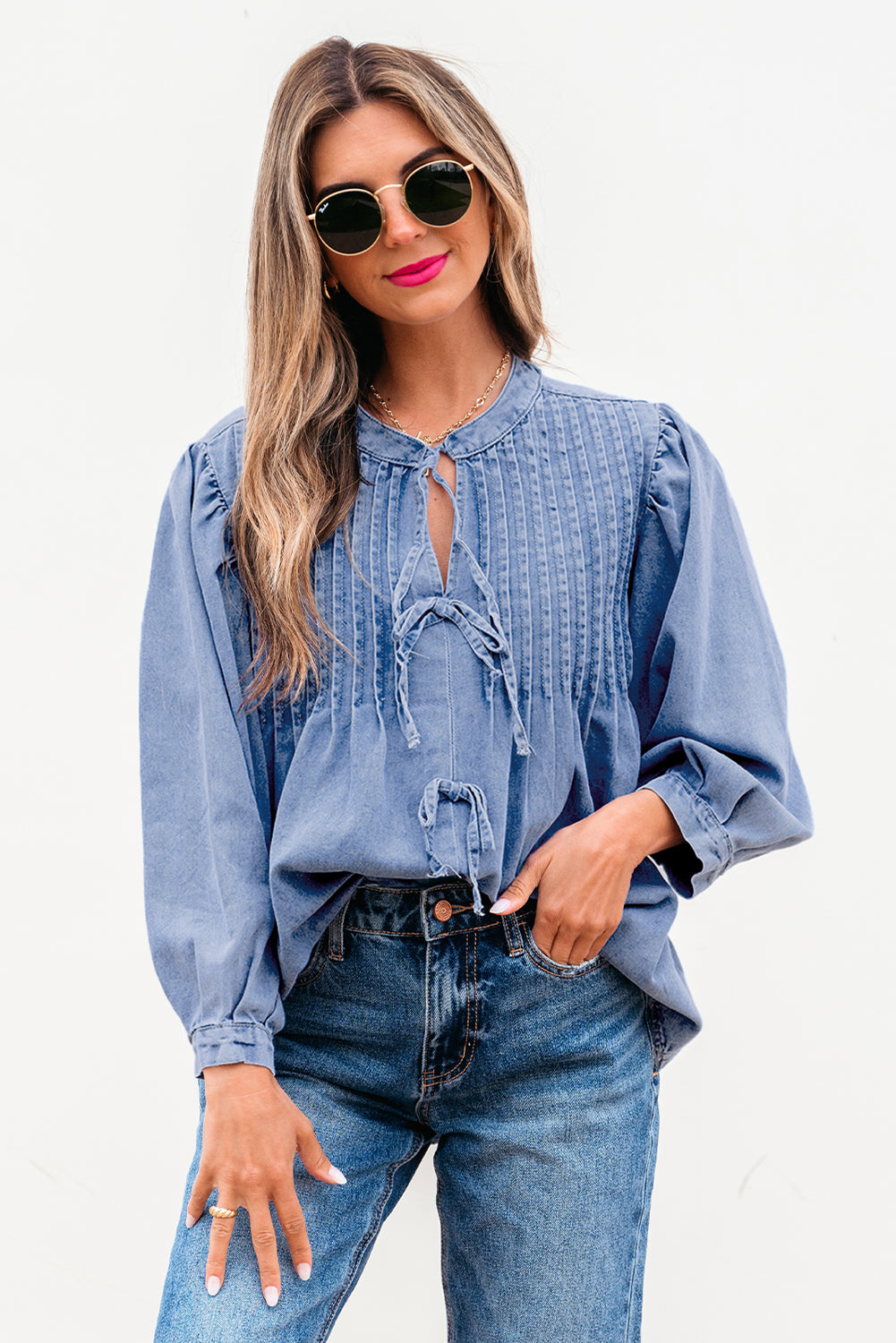 Blue Denim Pintuck Bow Tie Puff Sleeve Top