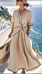 Contrast-Trim Twist-Front Maxi Dress