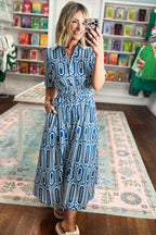 Geometric Print Drawstring Shirt Dress