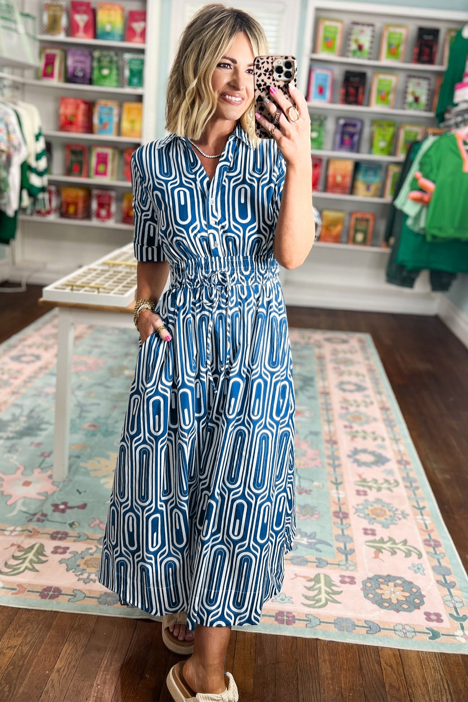 Geometric Print Drawstring Shirt Dress