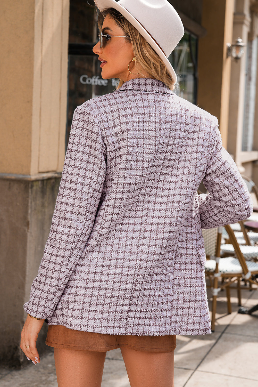 Tweed Plaid Lapel-Collar Blazer