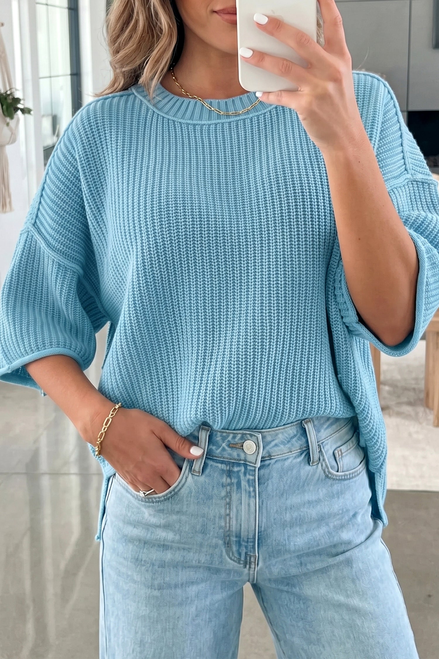 Blue Exposed Seam Half Sleeve Relaxed Sweater
