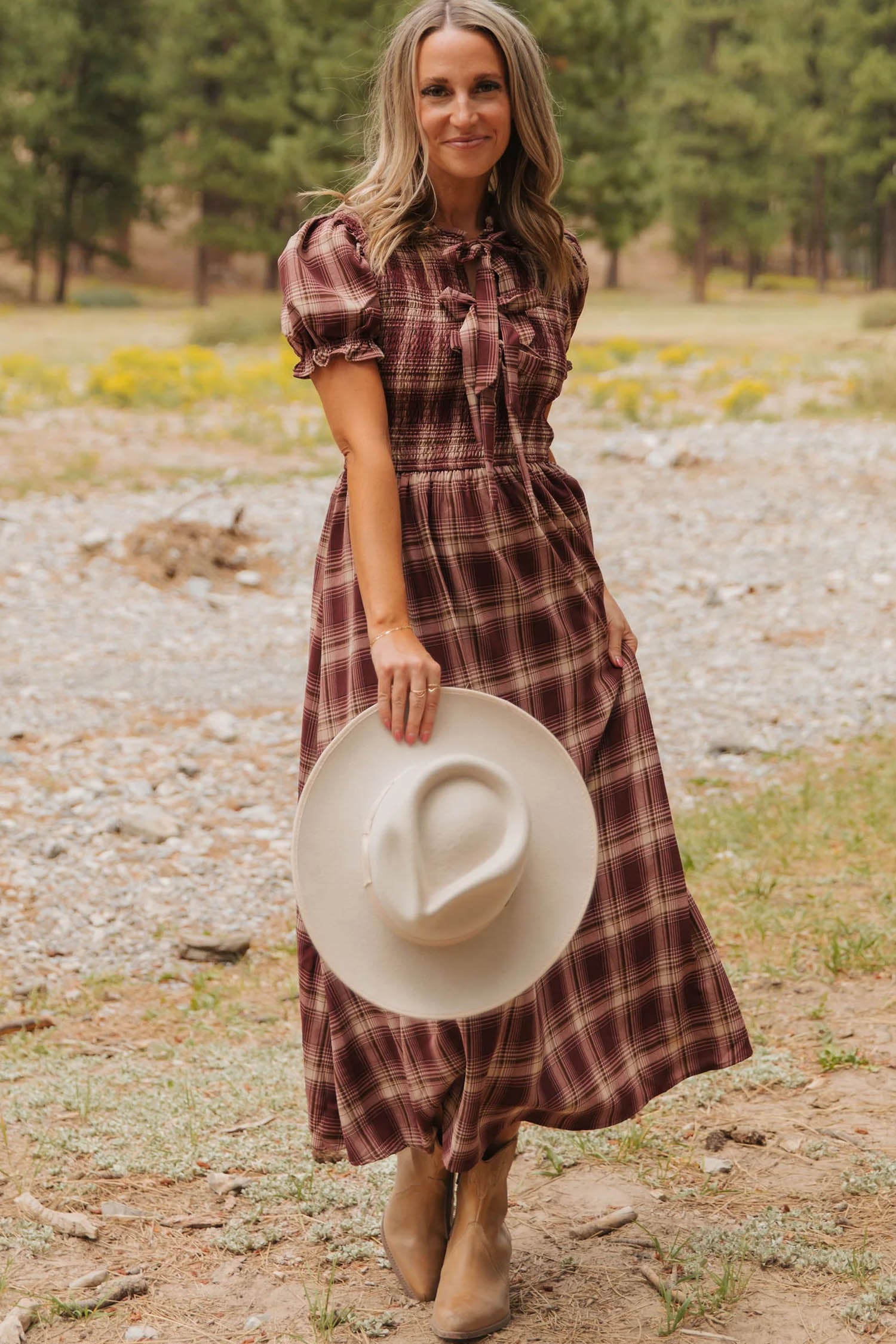 Plaid Knot-Front Smocked Midi Dress