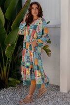 Floral Check Bubble-Sleeve Ruffle-Hem Dress