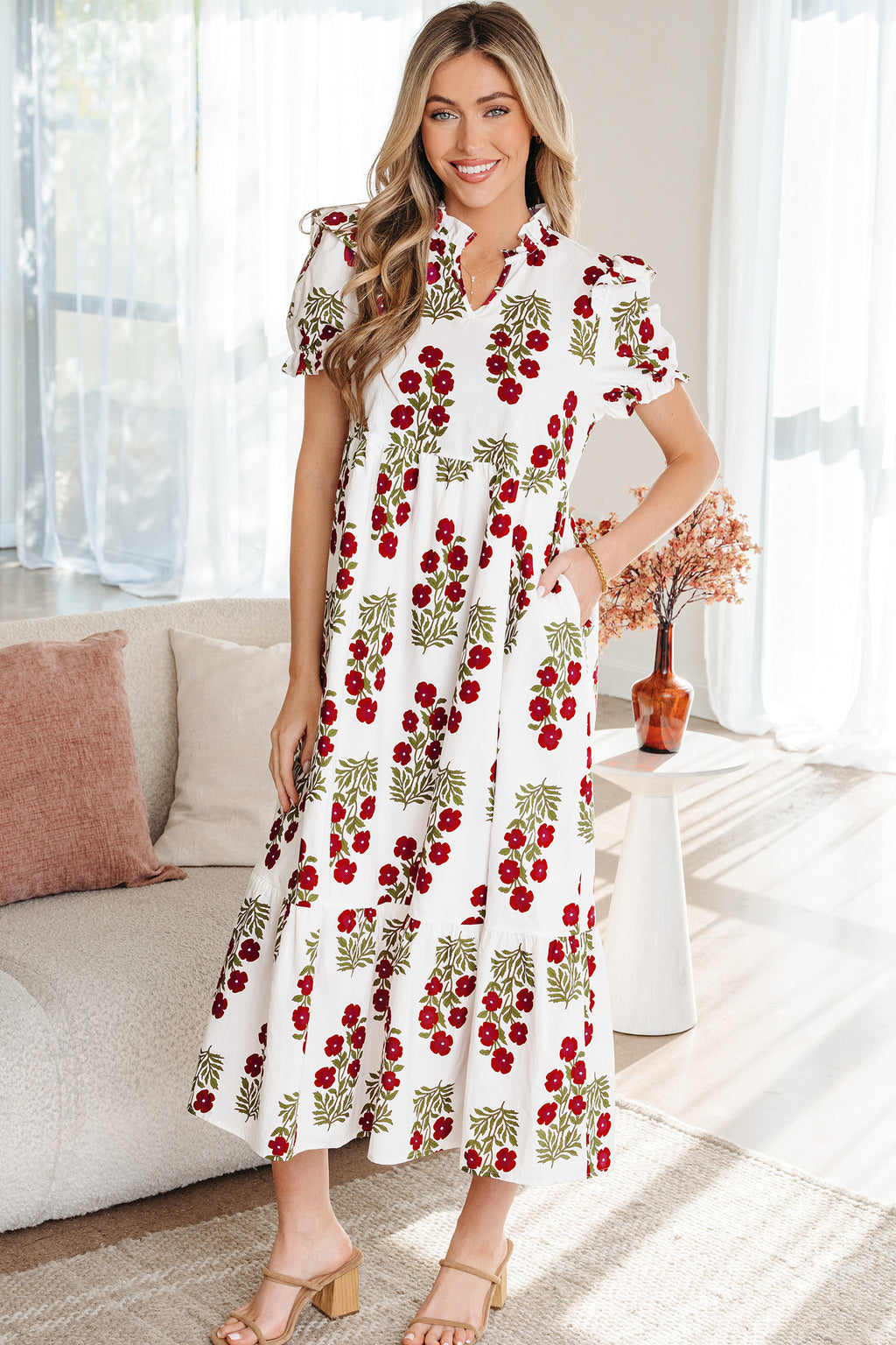 Floral Bubble-Sleeve Tiered Maxi Dress