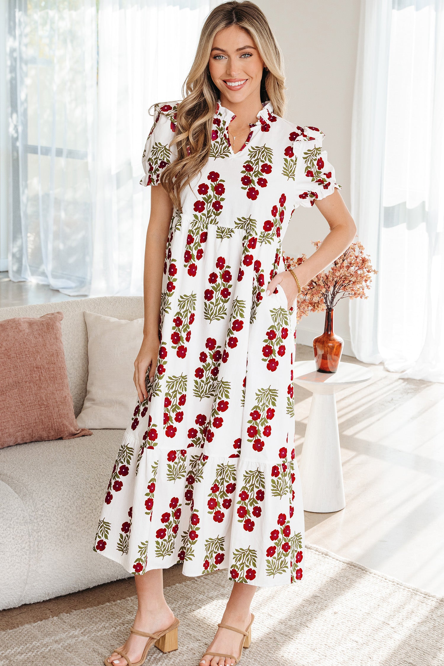 Floral Bubble-Sleeve Tiered Maxi Dress
