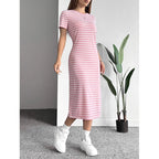 Woman wearing the Modarine striped short-sleeve midi t-shirt dress