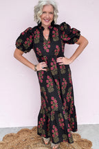 Floral Bubble-Sleeve Tiered Maxi Dress