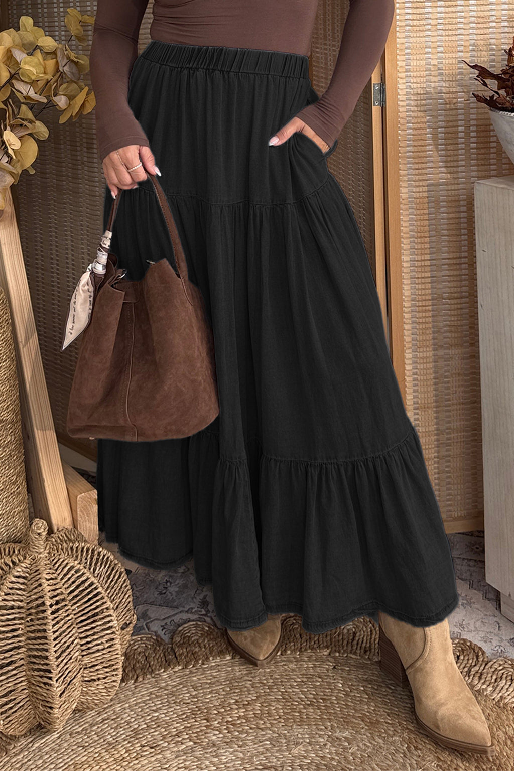 Tiered Ruffle Flared Denim Maxi Skirt