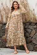 Abstract Plant Print Long-Sleeve Maxi Dress
