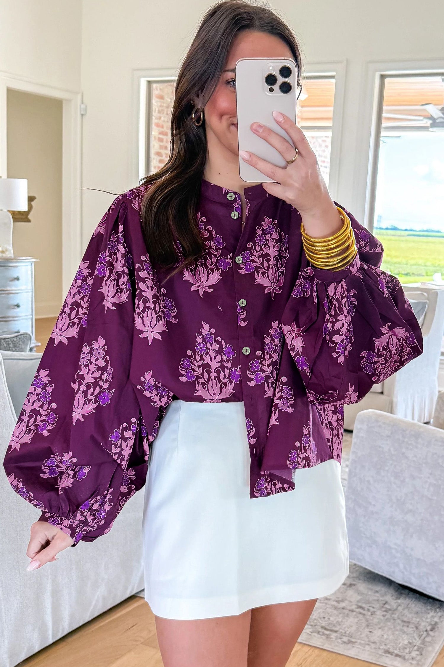 Floral Button-Front Puff-Sleeve Shirt