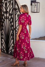 Red Floral Ruffle V Neck Short Sleeve Maxi Dress