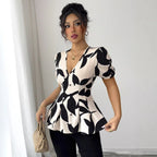 Abstract Print Puff-Sleeve Peplum Blouse