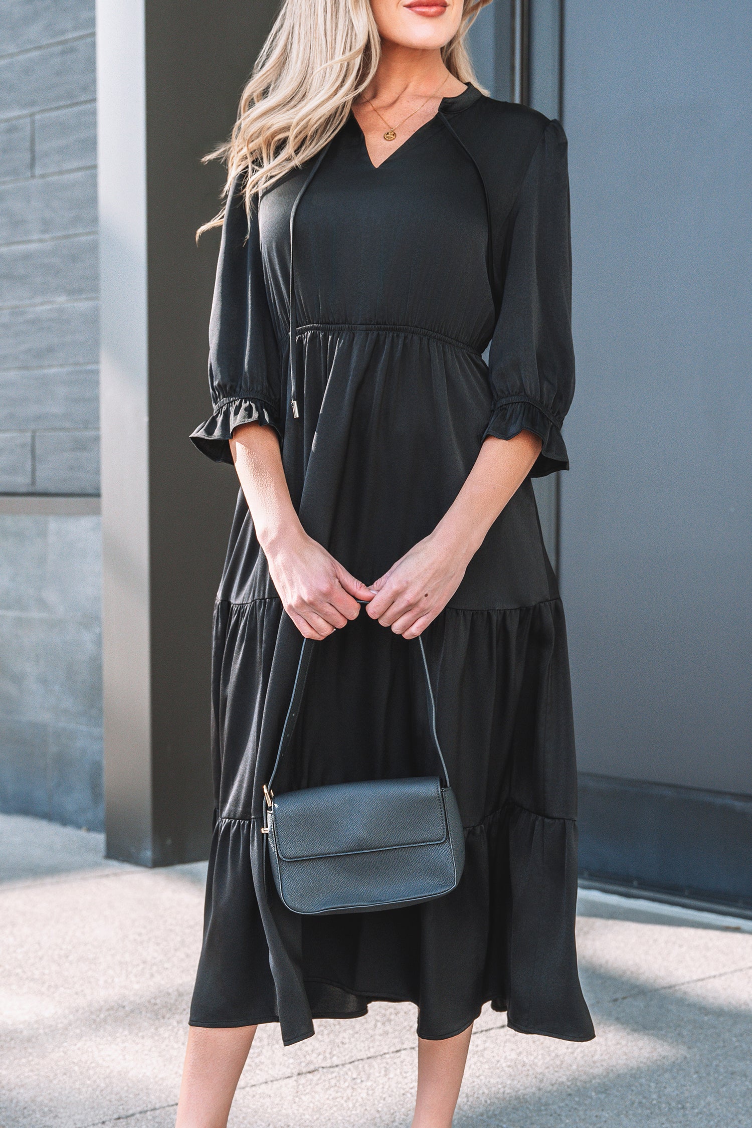 Black Ruffle Sleeve V Neck Tiered Maxi Dress